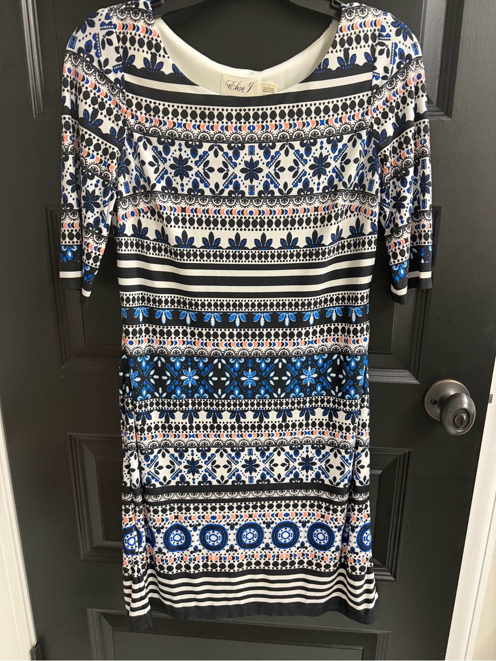 Eliza J Blue Black Geo Print Stretch Sheath Dress Size 2